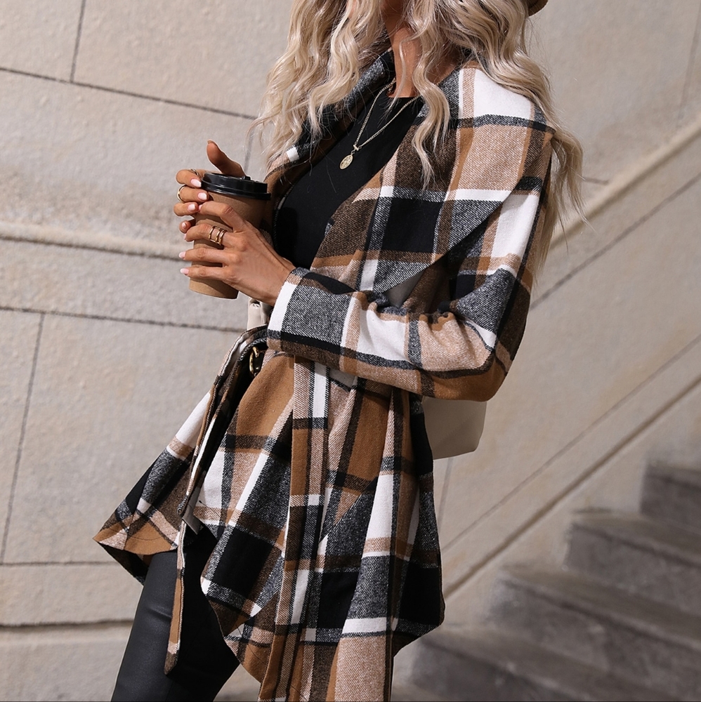 Waterfall Collar Asymmetrical Hem Belted Coat - Picture 5 of 5